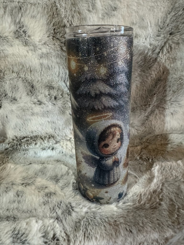 Joy to the World Christmas Angels Glitter Tumbler
