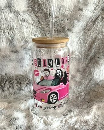 Horror/Mean Girls "Get in Loser, We're Going Slashing" Glass Jar Tumbler