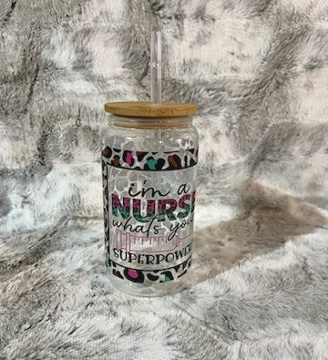 Nurse Superpower Leopard Print Glass Jar Tumbler