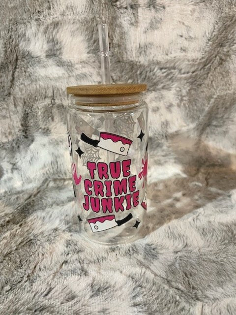 True Crime Junkie Glass Jar Tumbler